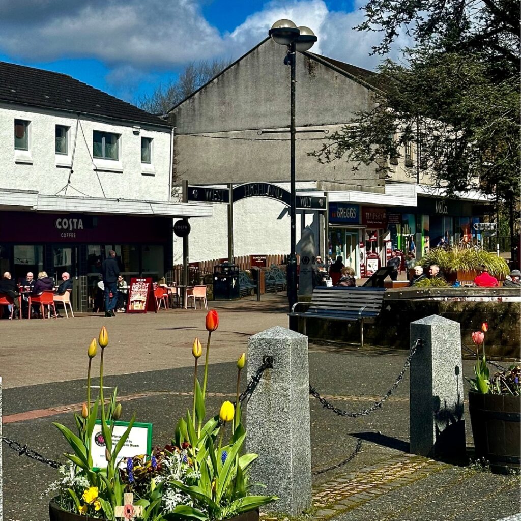 milngavie town centre flowers and start of West Highland Way
