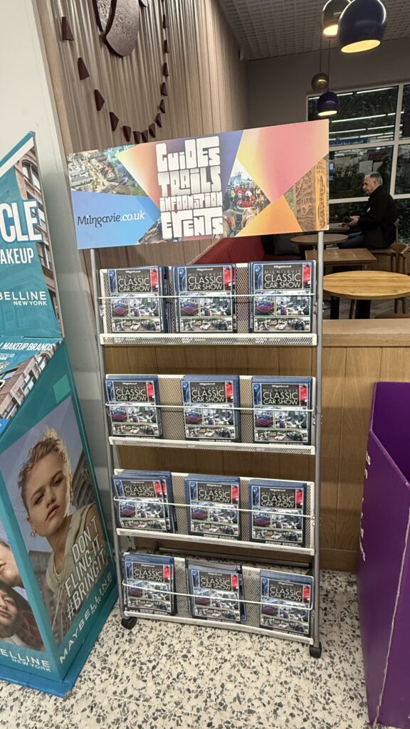 event flyers in the BID leaflet rack at Tesco Milngavie 